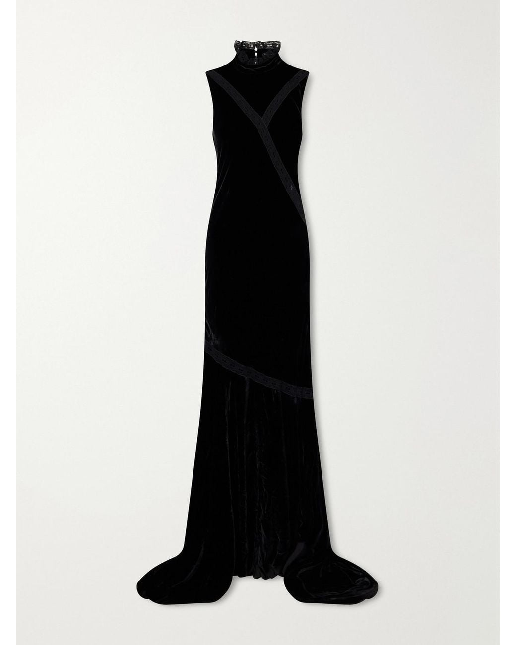 Ann Demeulemeester Black Lace-Trimmed Velvet Gown