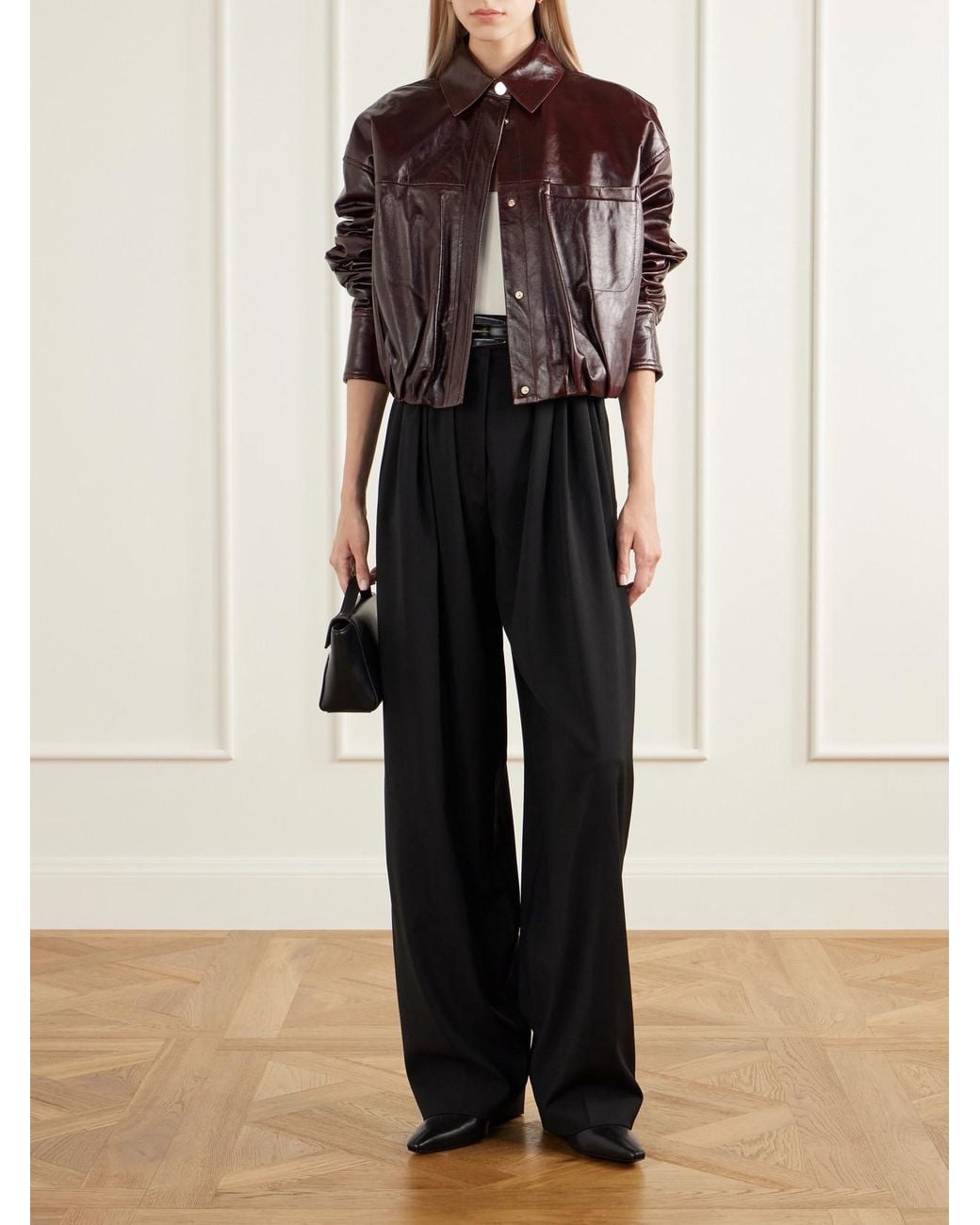 Sportmax Brown Liuti Cropped Gathered Leather Biker Jacket
