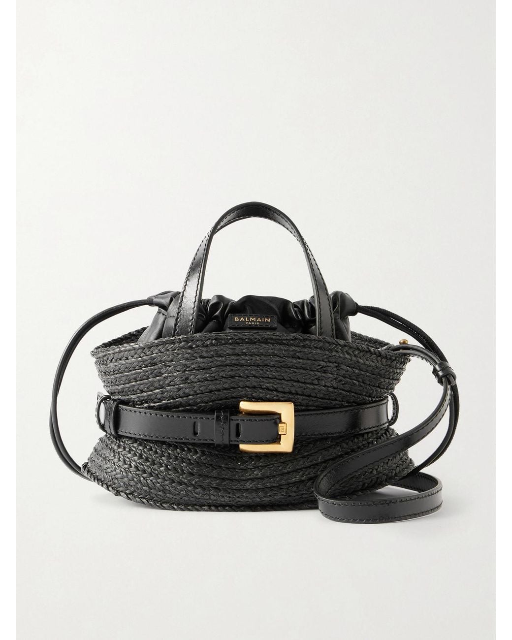 Balmain Black Shuffle Mini Buckled Leather-Trimmed Raffia Shoulder Bag