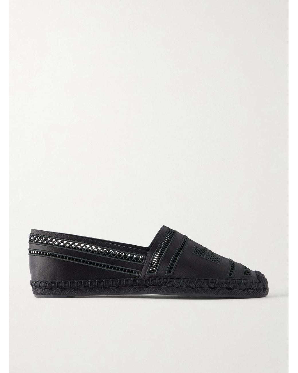 Tory Burch Black Open Weave Embroidered Satin Espadrilles