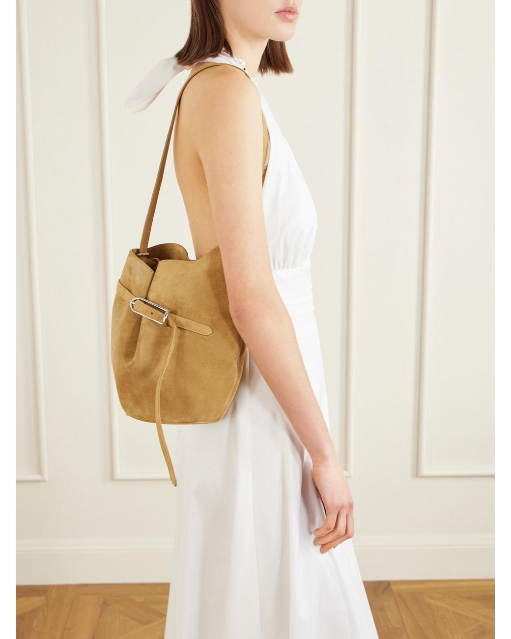 Liffner Metallic Belted Suede Bucket Bag