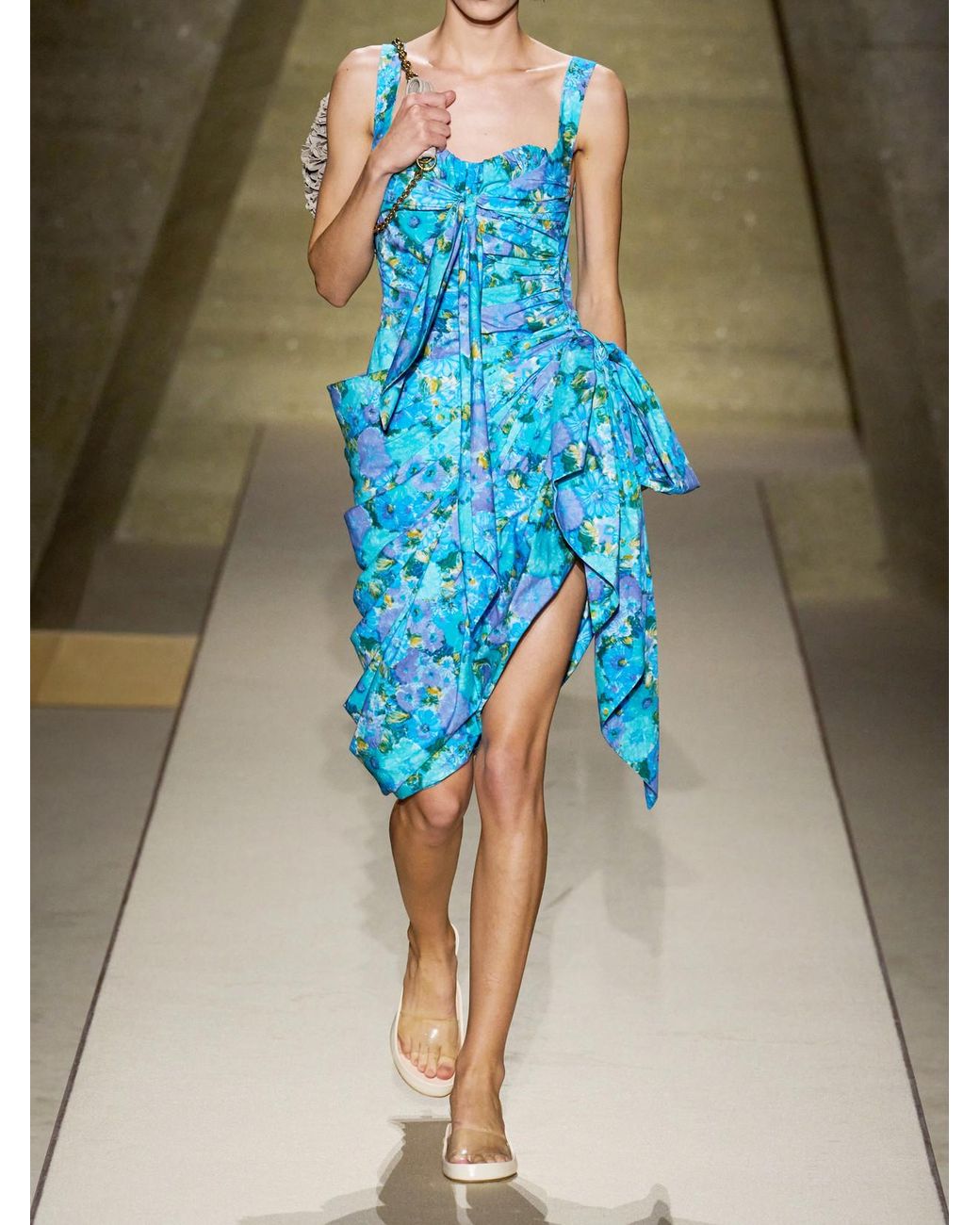 Chloé Blue Asymmetric Bow-Detailed Draped Gathered Floral-Print Cotton Mini Dress