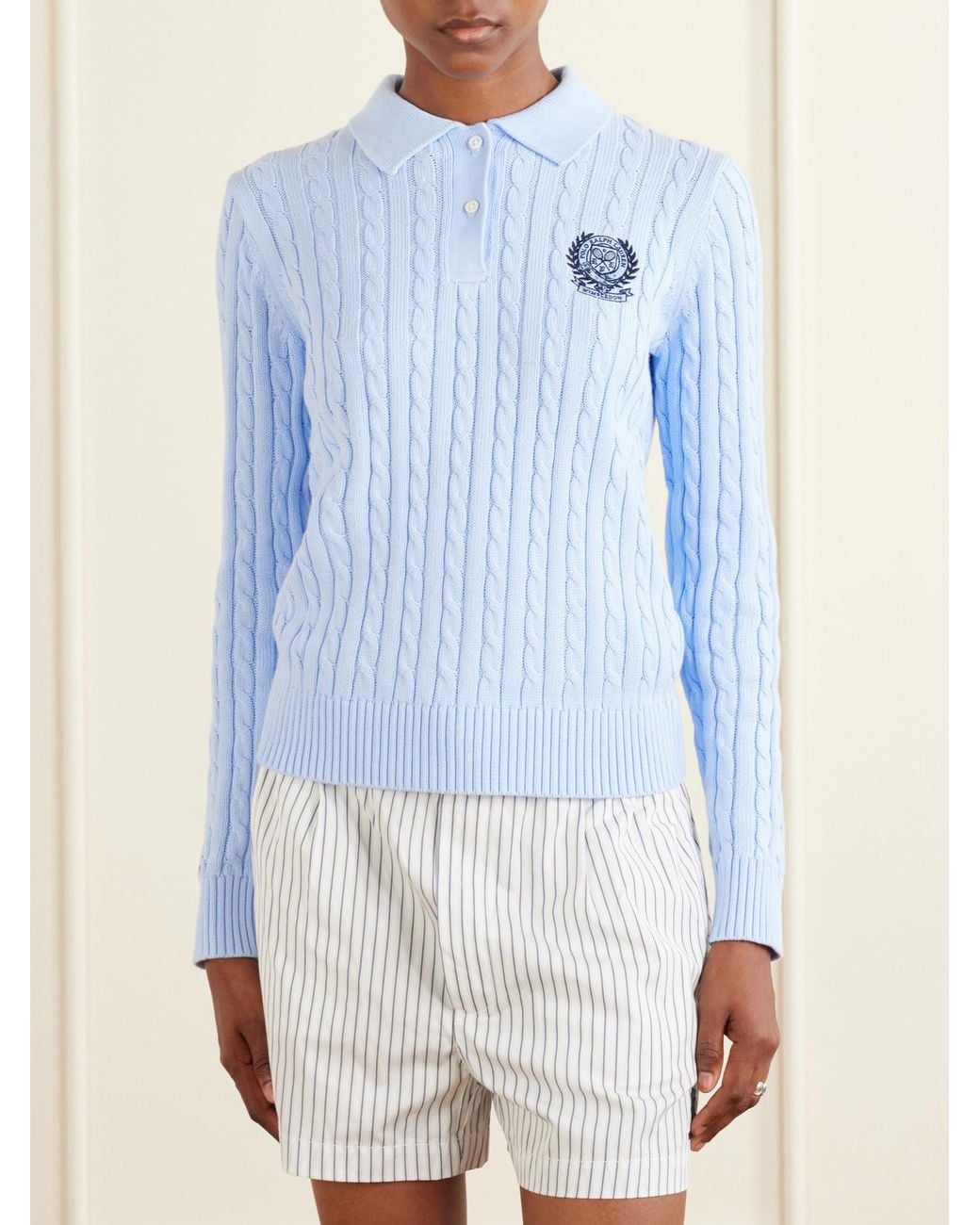 Polo Ralph Lauren Blue Wimbledon Logo-Embroidered Cable-Knit Cotton Polo Shirt
