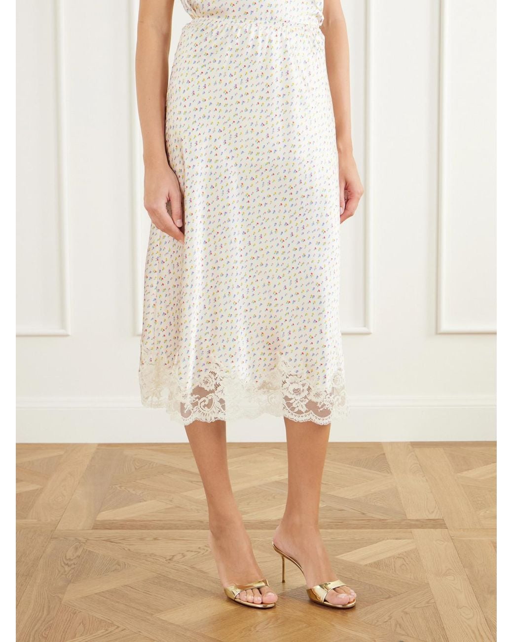 Rabanne White Floral-Print Lace-Trimmed Silk-Satin Midi Skirt
