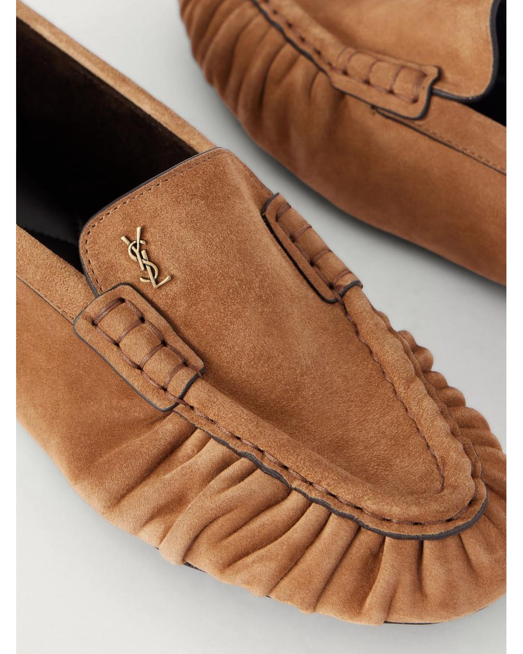 Saint Laurent Brown Loaferino Gathered Suede Ballet Flats