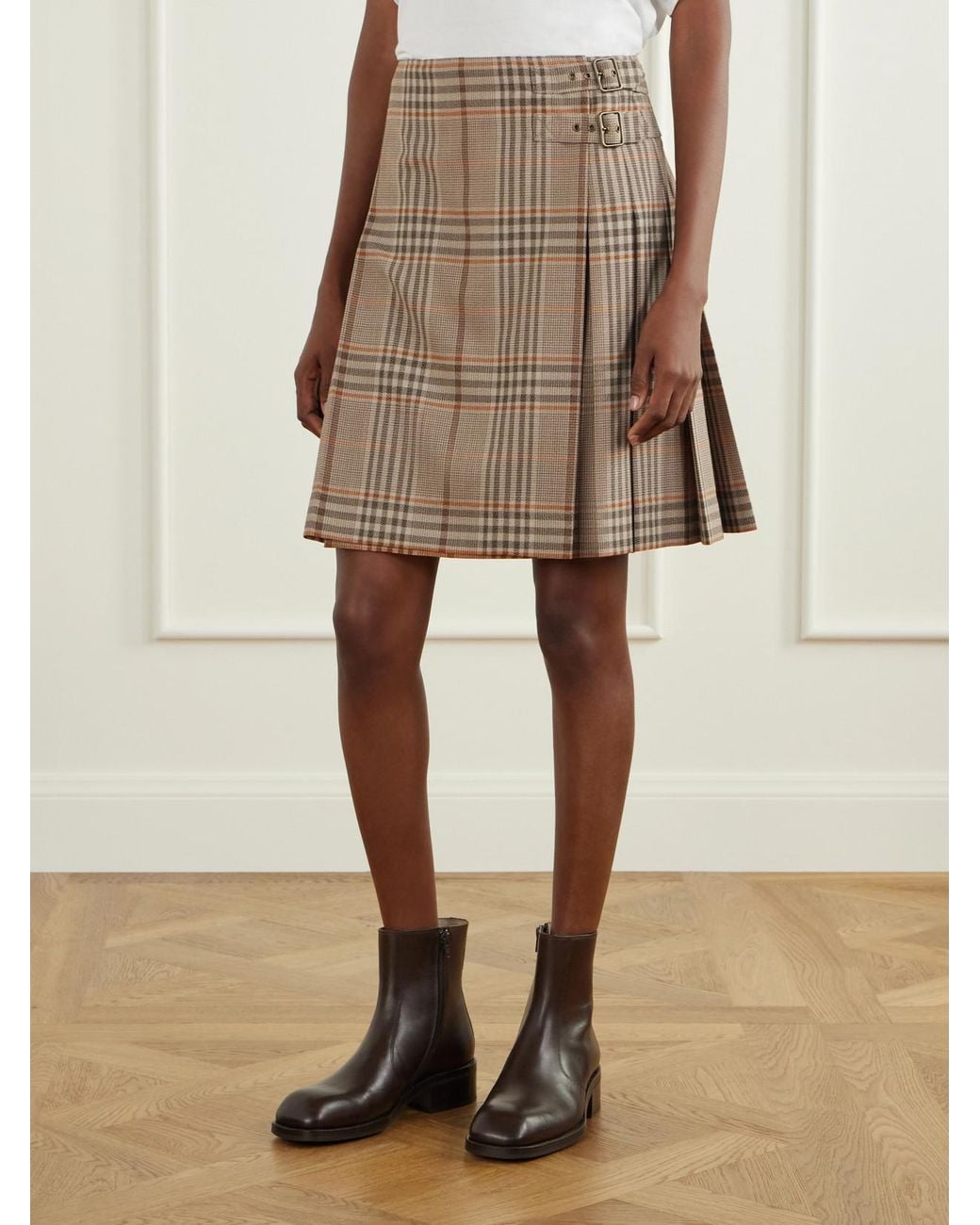 Burberry Natural Pleated Checked Wool Mini Skirt