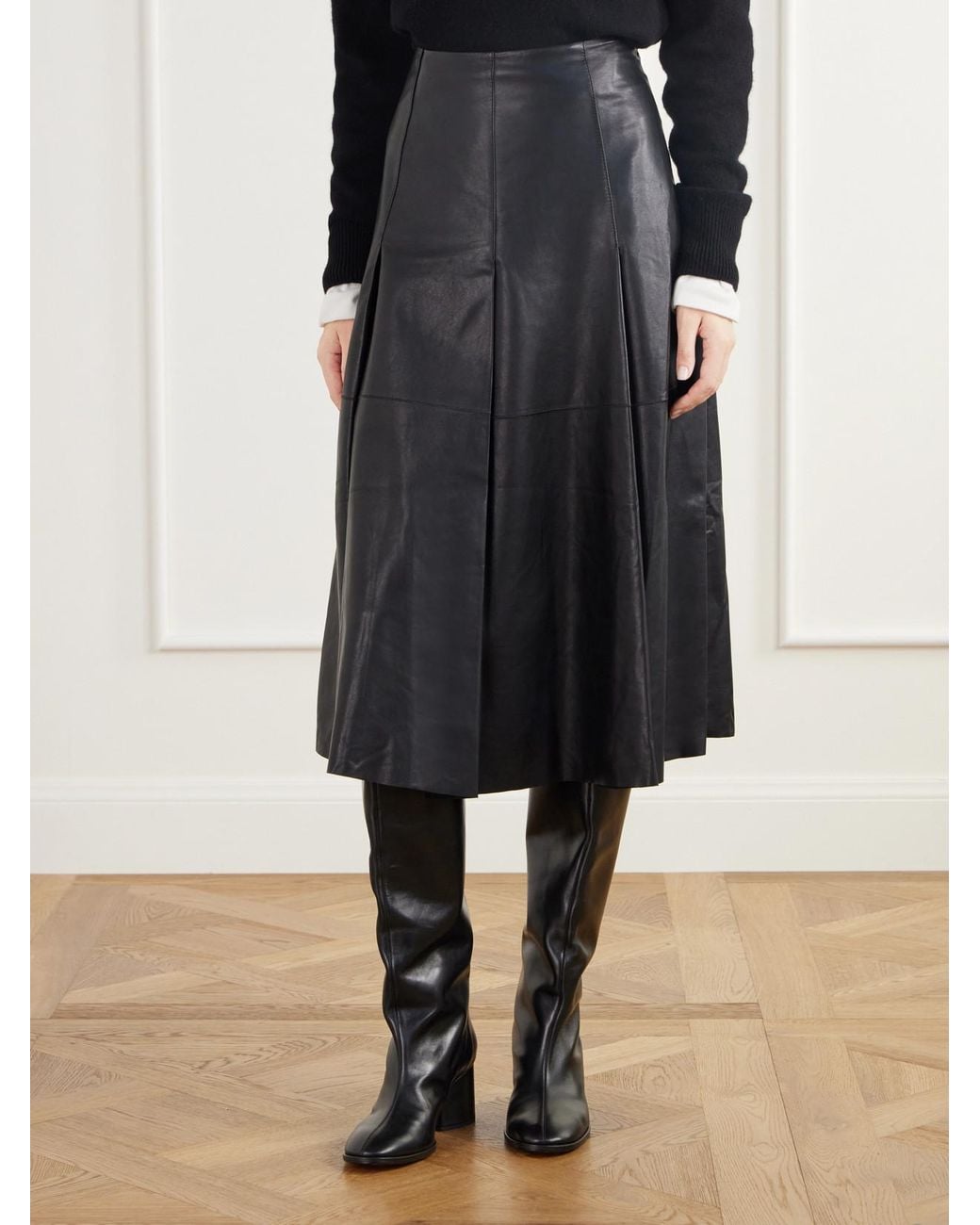 Joseph Black Riya Paneled Pleated Leather Midi Skirt
