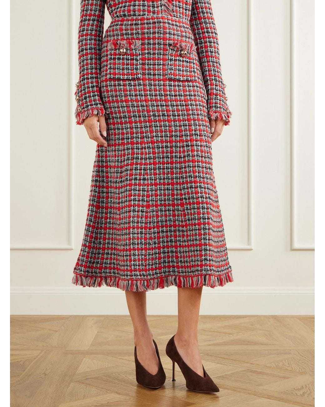 Self-Portrait Red Frayed Wool And Cotton-Blend Tweed Midi Skirt