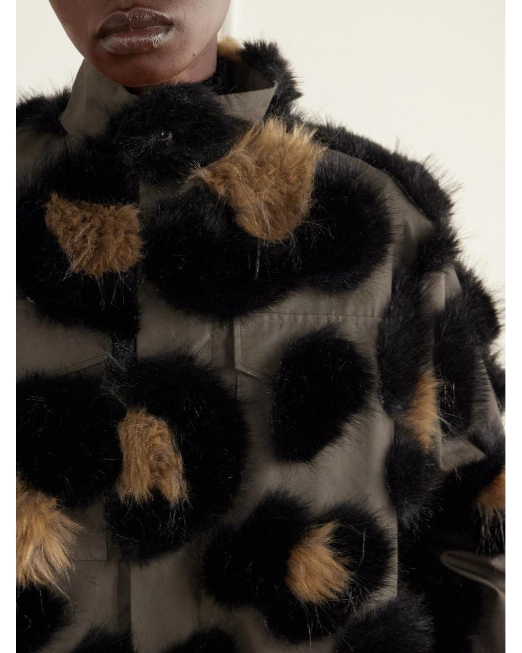 Sacai Black Leopard-Effect Plush-Trimmed Cotton-Twill Jacket