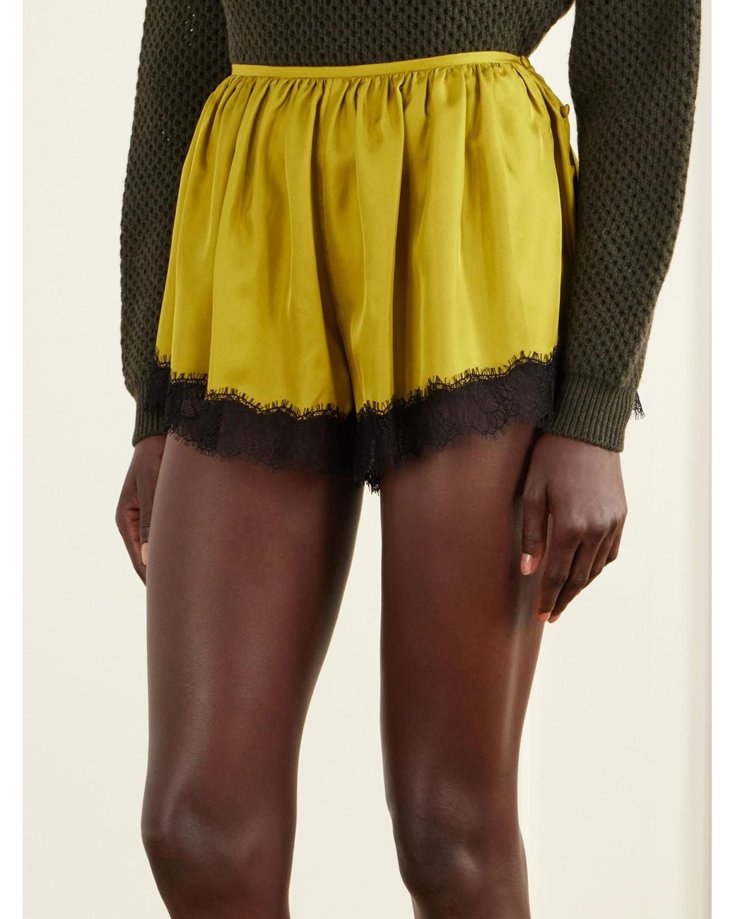 Ulla Johnson Yellow Georgina Chantilly Lace-Trimmed Silk-Twill Shorts