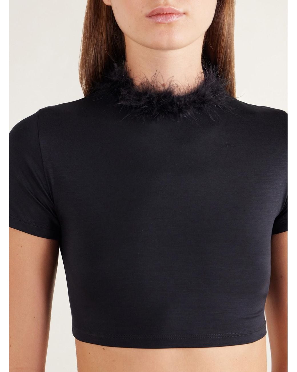 Gucci Blue Feather-Trimmed Cropped Stretch-Jersey Top