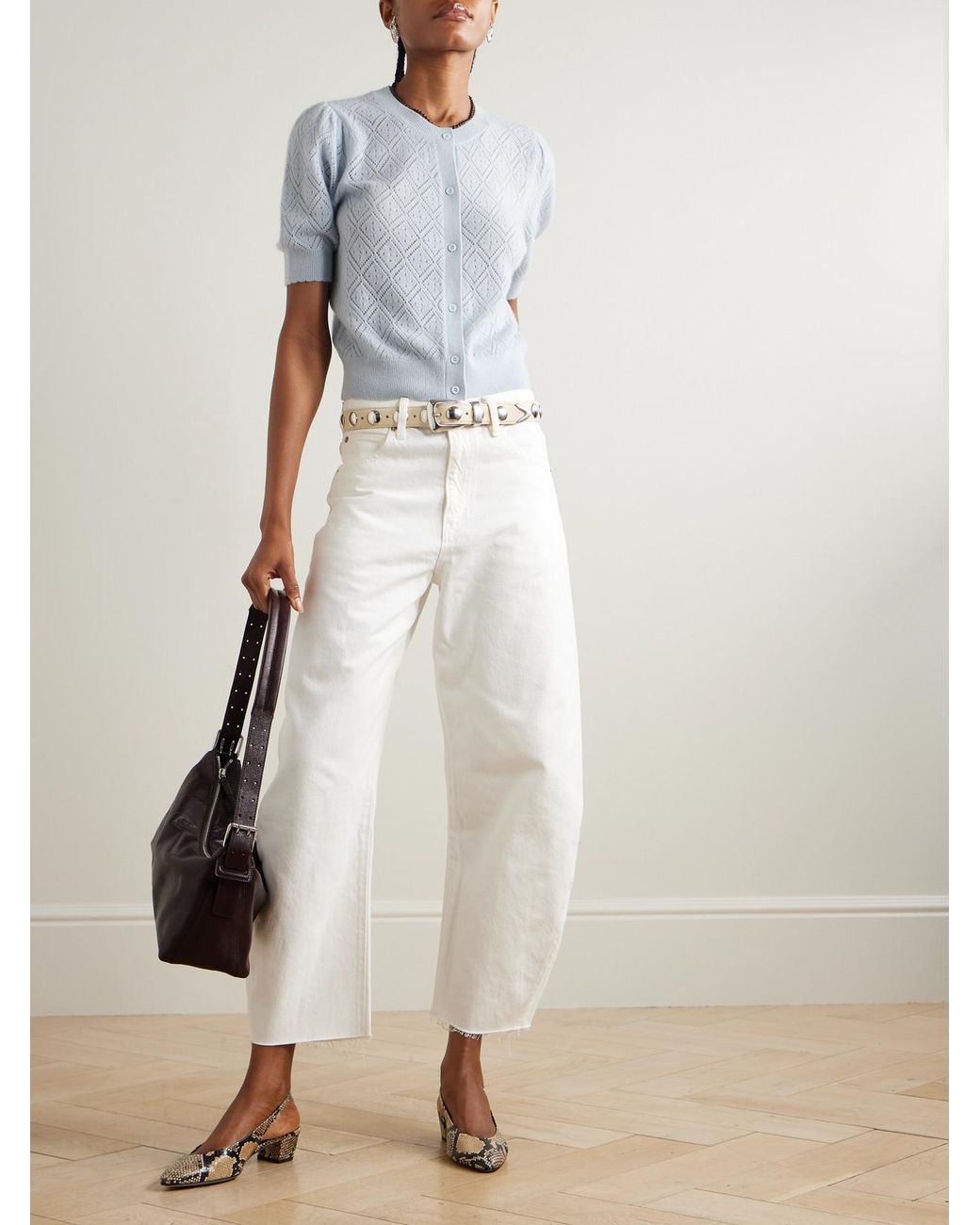 FRAME White The Bubble Crop Frayed High-Rise Barrel-Leg Jeans