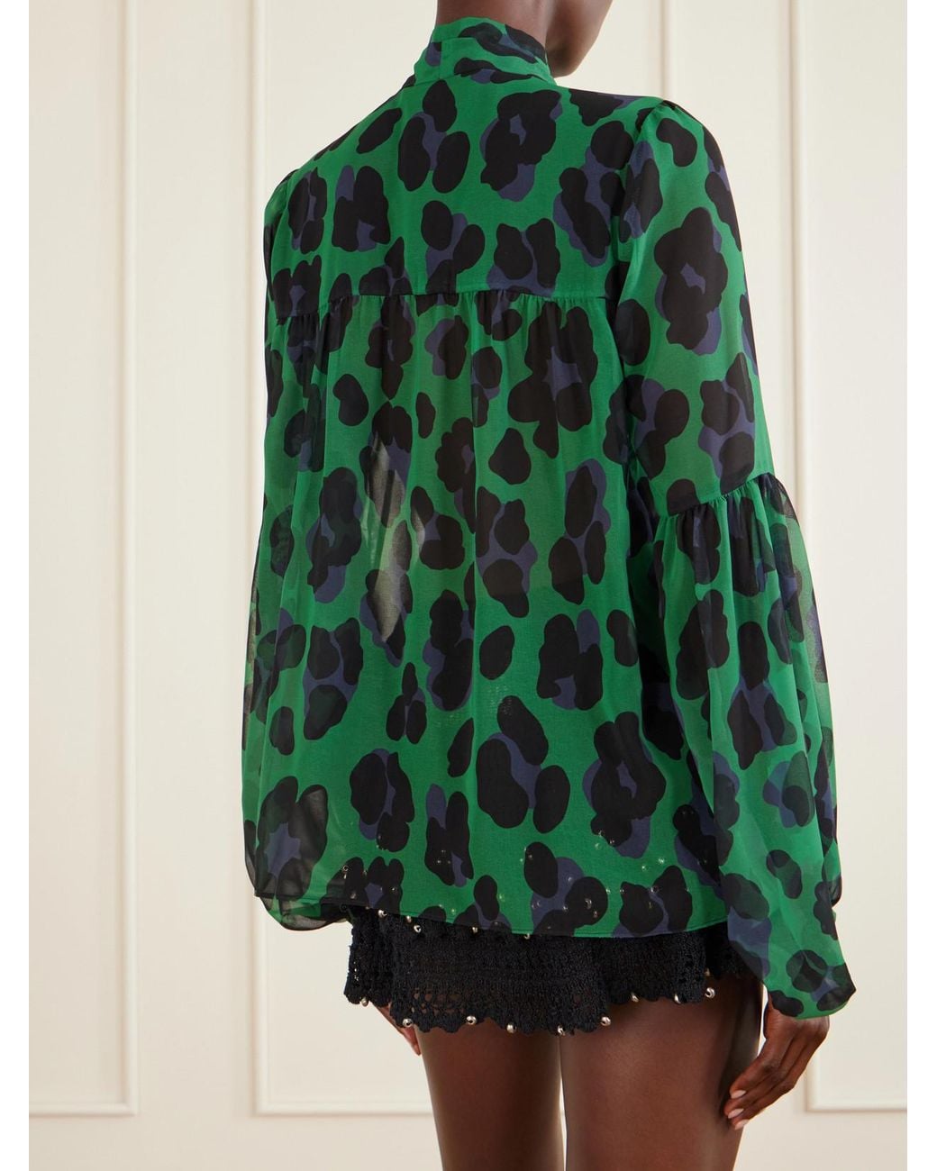 Anna Sui Green Knotted Gathered Leopard-Print Georgette Blouse