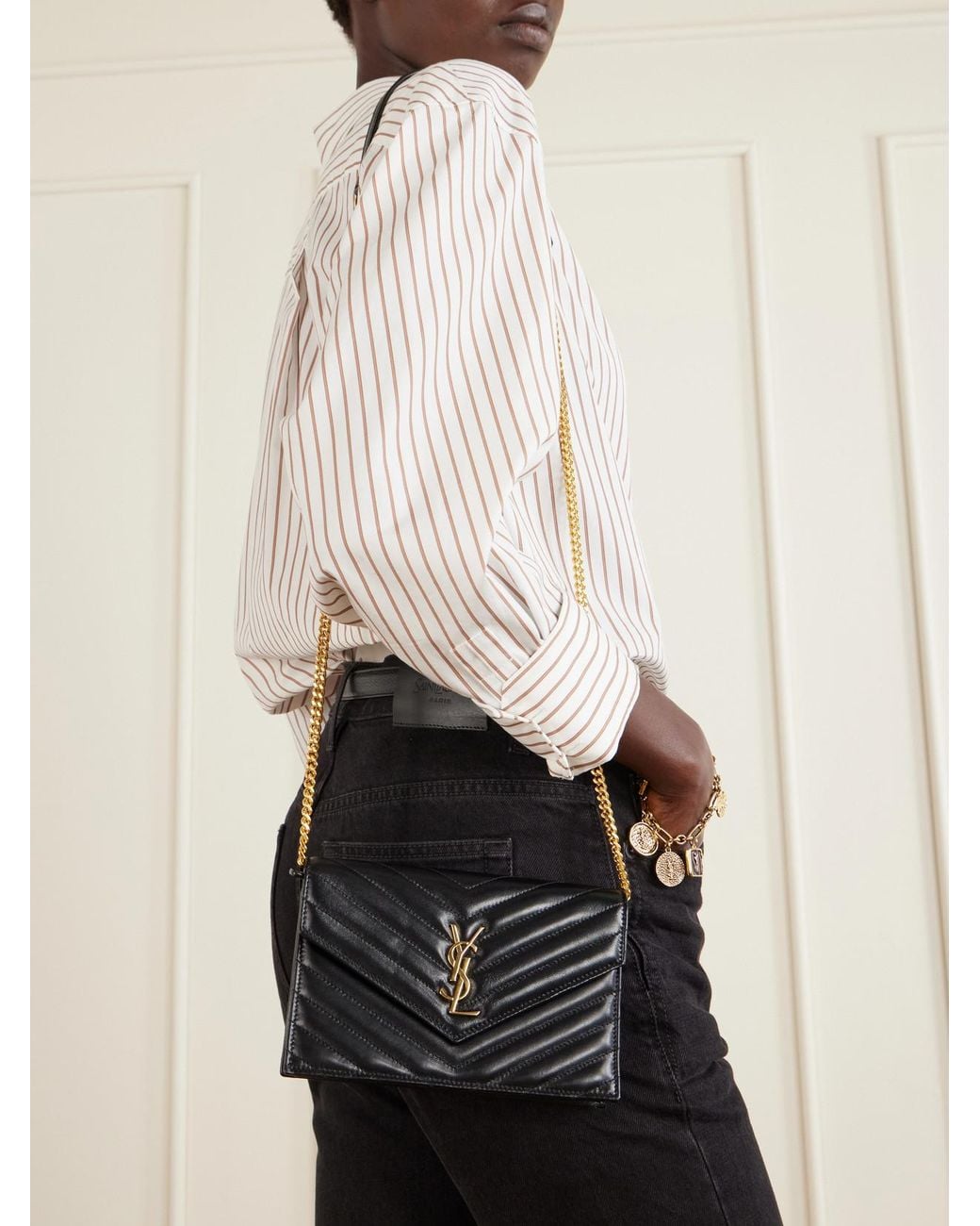 Saint Laurent Black Cassandre Mini Matelassé Leather Chain Wallet