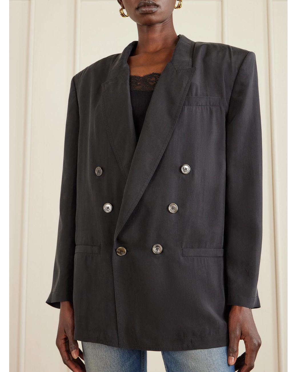 Saint Laurent Blue Double-Breasted Silk-Habotai Blazer