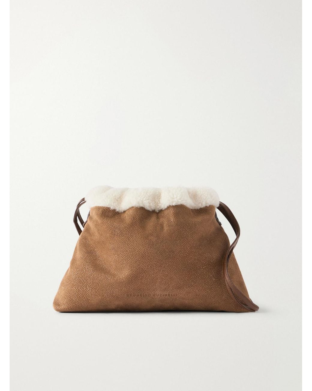Brunello Cucinelli Brown Bead-Embellished Shearling-Trimmed Full-Grain Leather Clutch