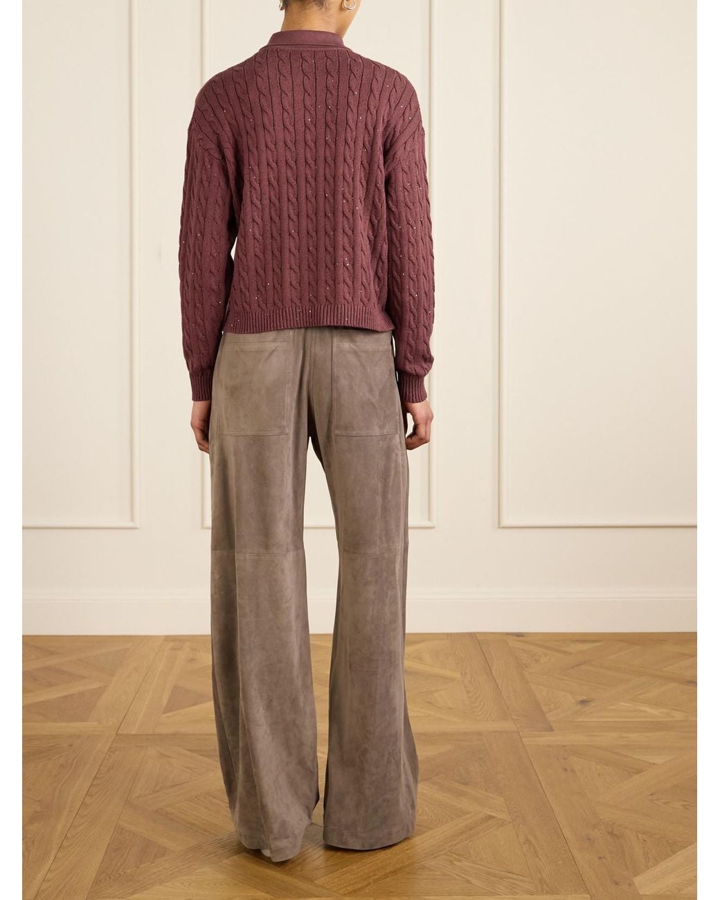 Brunello Cucinelli Red Sequined Cable-Knit Cotton-Blend Sweater