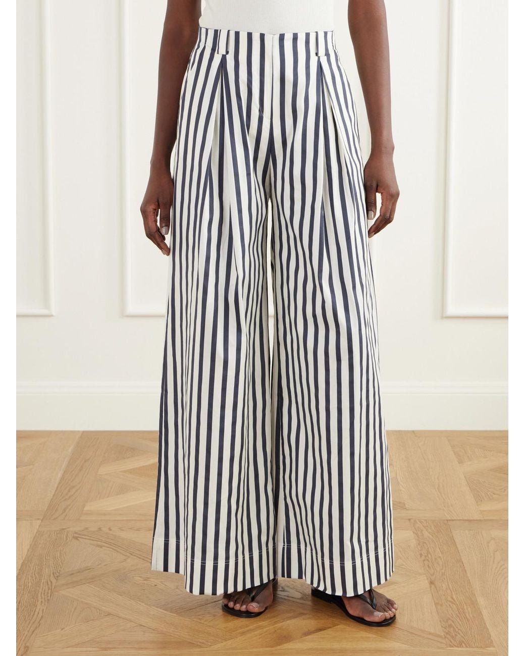 ANDRES OTALORA White Unna Pleated Striped Cotton-Poplin Wide-Leg Pants