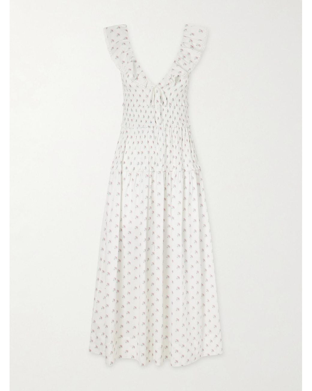 Doen White Sorina Tiered Embroidered Floral-Print Organic Cotton Midi Dress