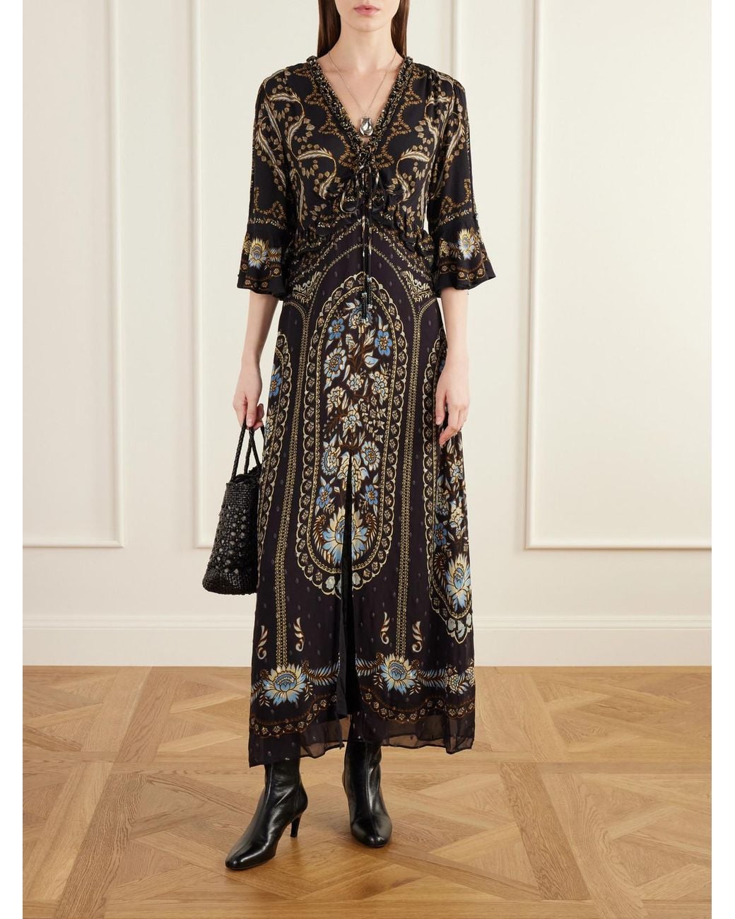 Farm Rio Black Daniela Ruffled Printed Embroidered Crepe Maxi Dress