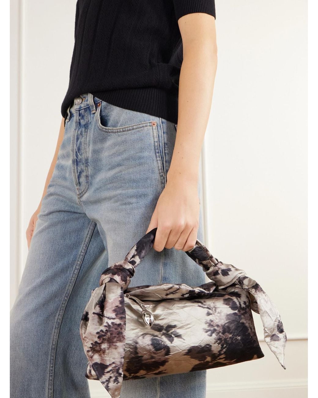 Erdem Gray East West Bloom Floral-Print Textured Satin Top-Handle Bag