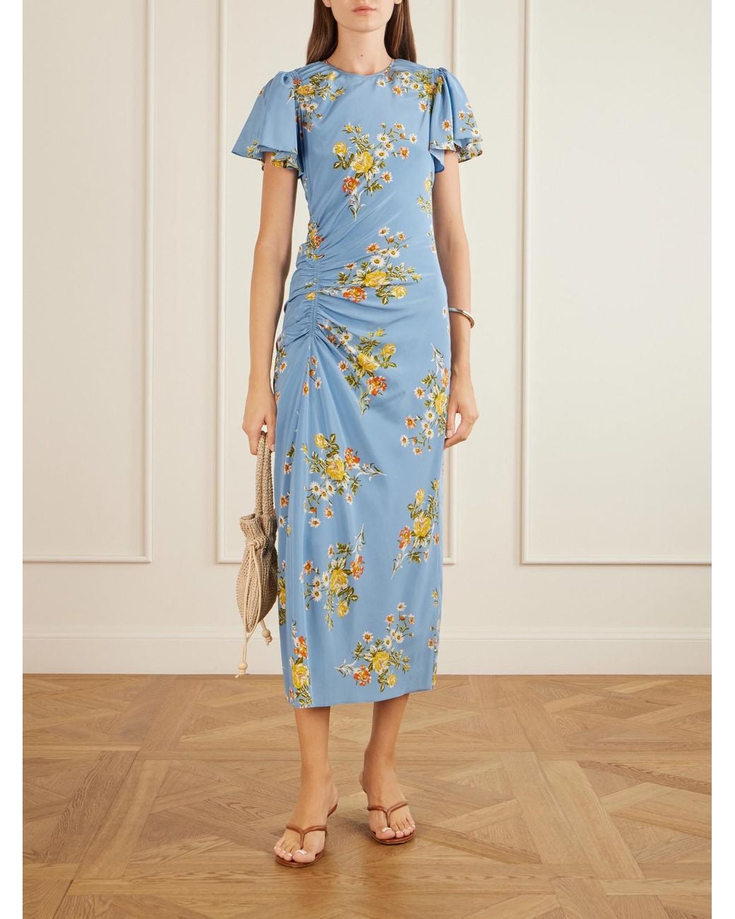 Veronica Beard Blue Huntleigh Gathered Floral-Print Silk-Blend Satin Midi Dress