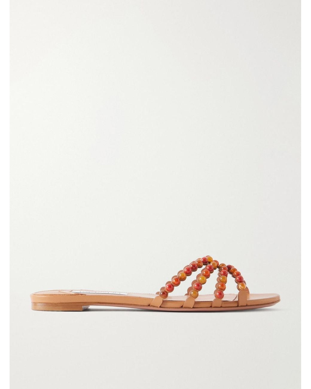 Aquazzura Natural Gemma Embellished Leather Sandals