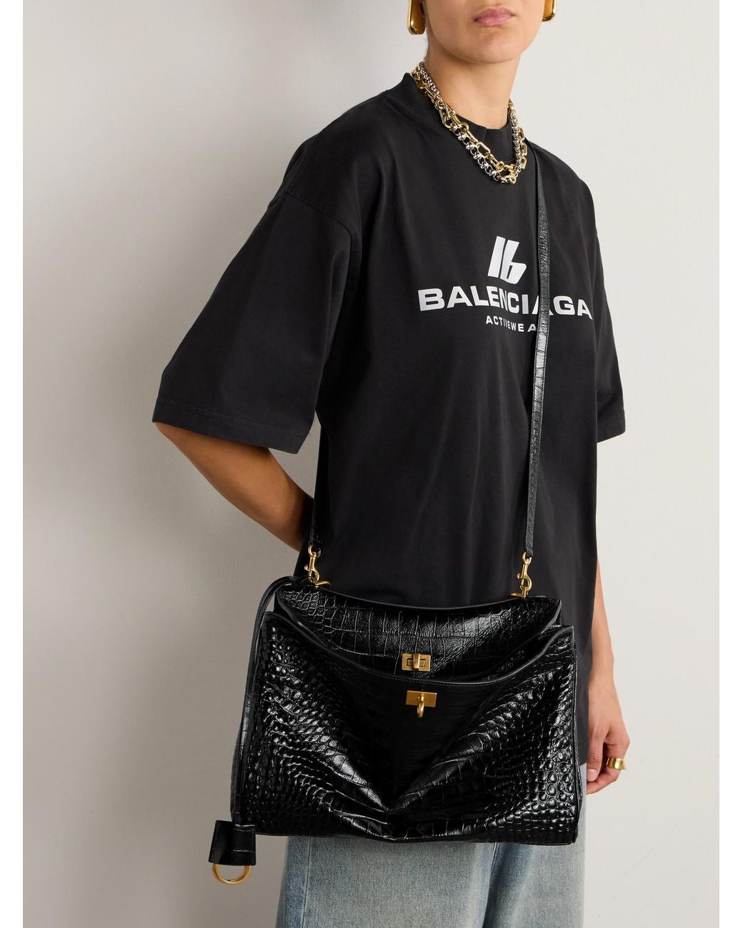 Balenciaga Black Rodeo Medium Croc-Effect Leather Shoulder Bag