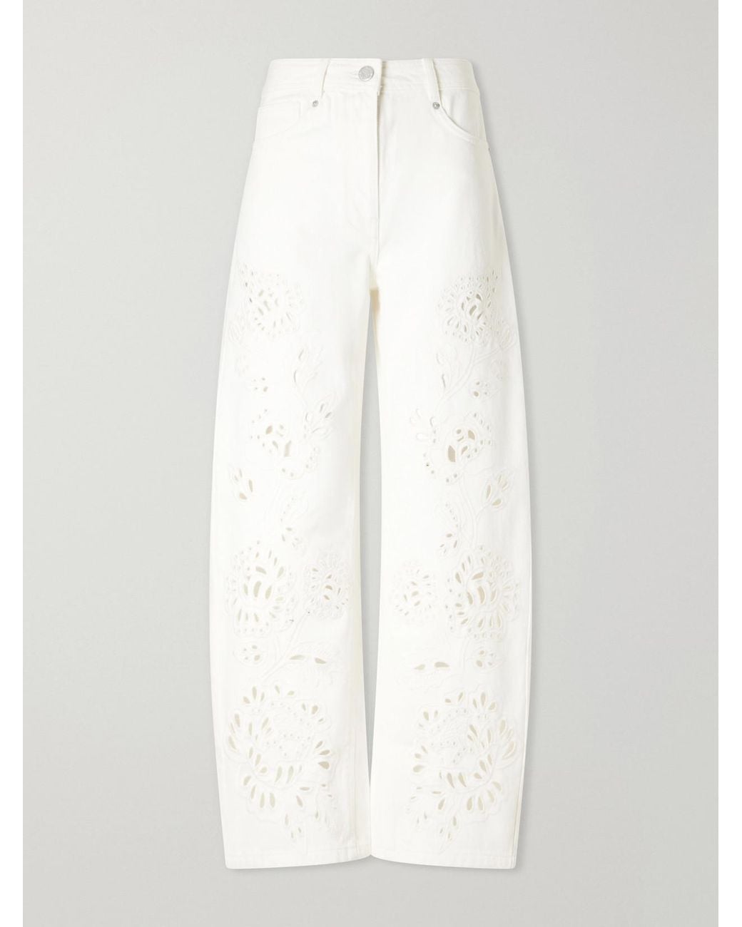 Farm Rio White Richelieu Broderie Anglaise-Trimmed Mid-Rise Straight-Leg Jeans
