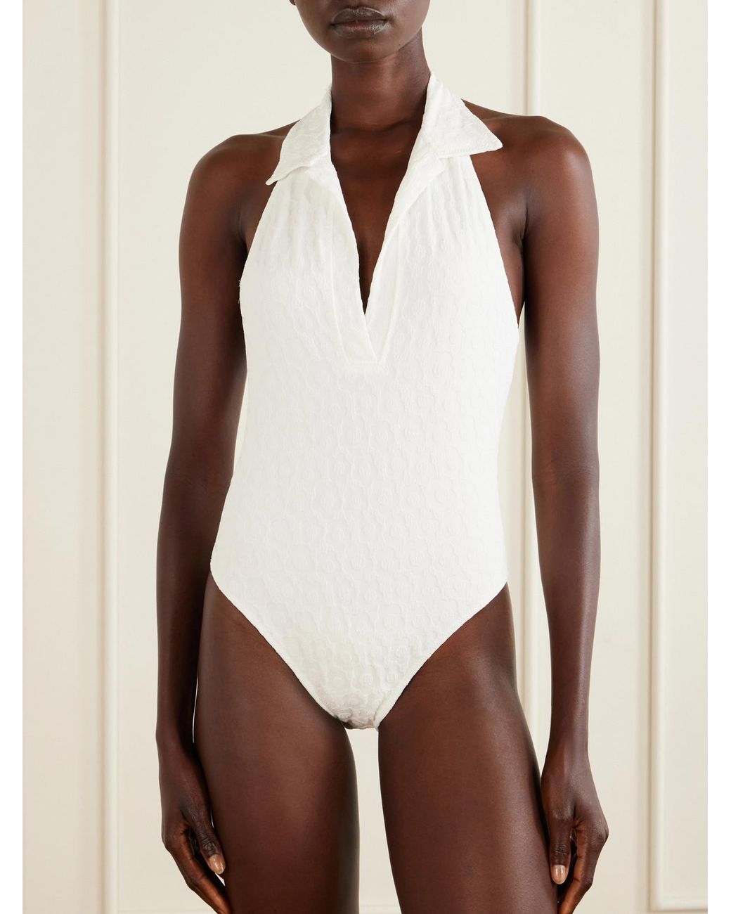 Lisa Marie Fernandez White Polo Floral-Jacquard One-Piece