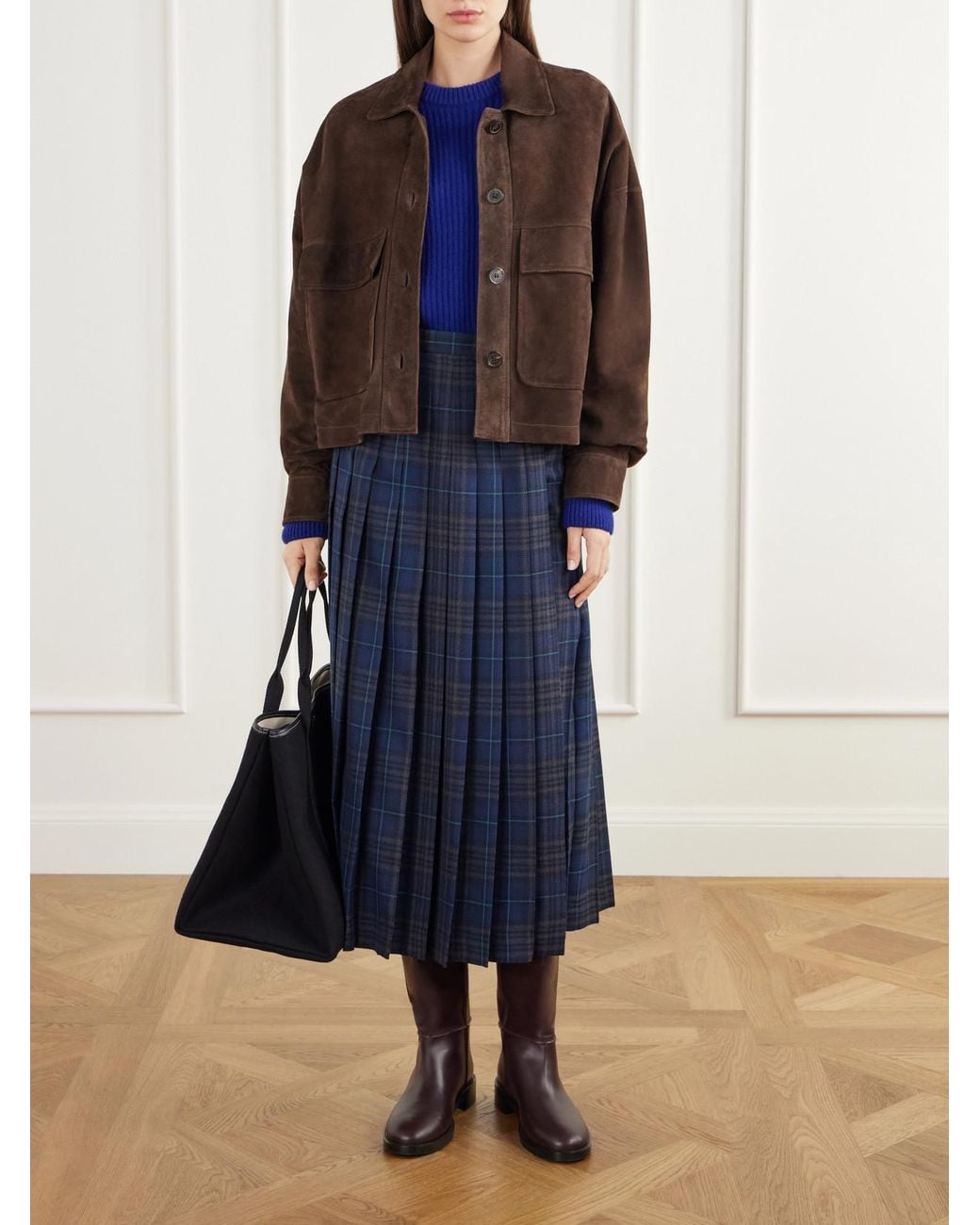 Burberry Blue Elydia Belted Pleated Checked Wool-Blend Twill Midi Skirt