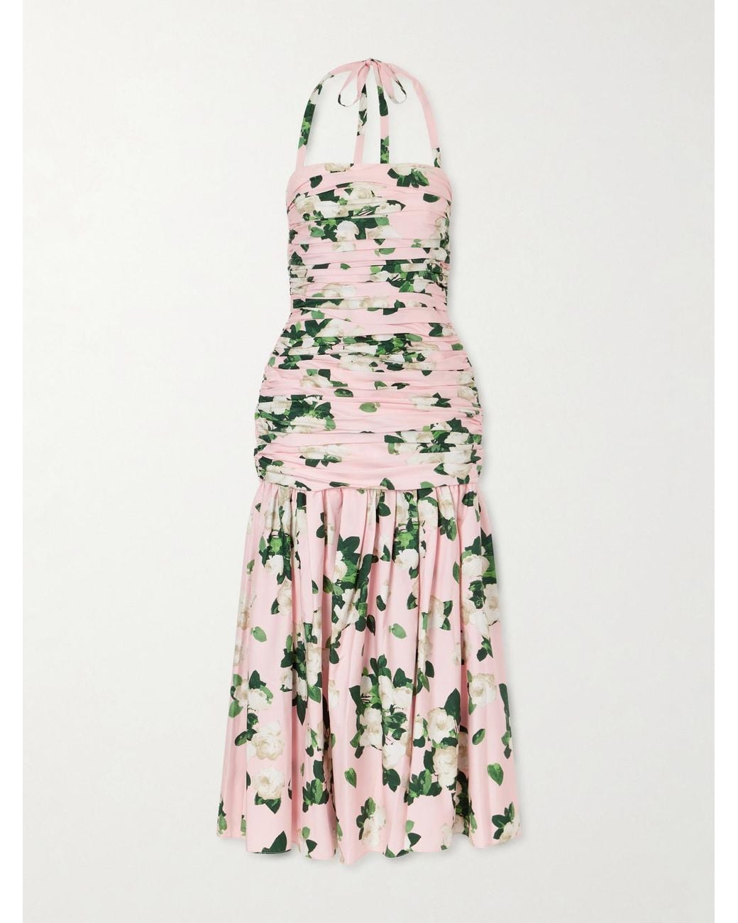 Carolina Herrera White Floral-Print Ruched Cotton-Blend Midi Dress