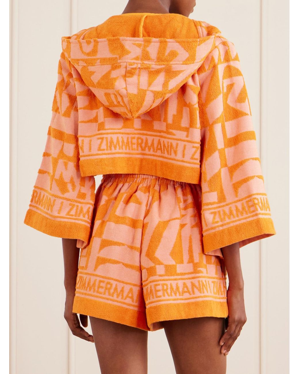 Zimmermann Orange Solstice Hooded Cropped Jacquard-Knit Cotton-Terry Top
