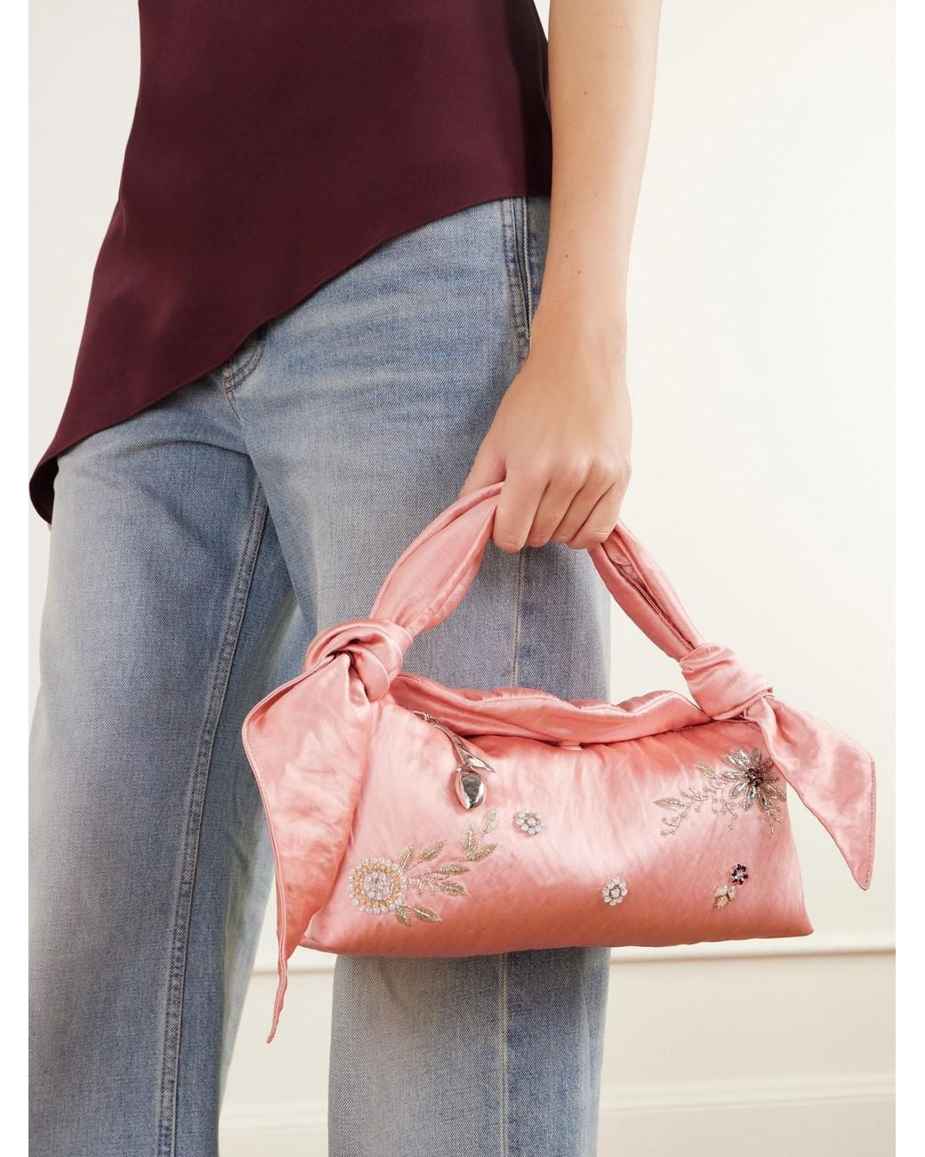 Erdem Pink East West Bloom Crystal-Embellished Embroidered Textured Satin Top-Handle Bag