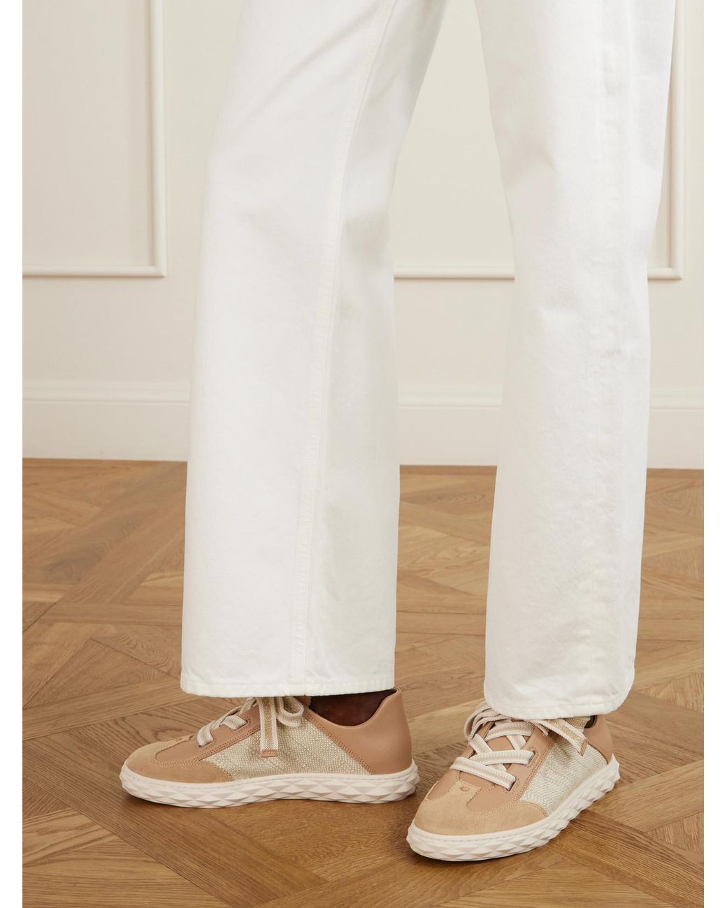 Jimmy Choo Natural Diamond Light Flex Leather And Raffia Lace-Up Sneakers