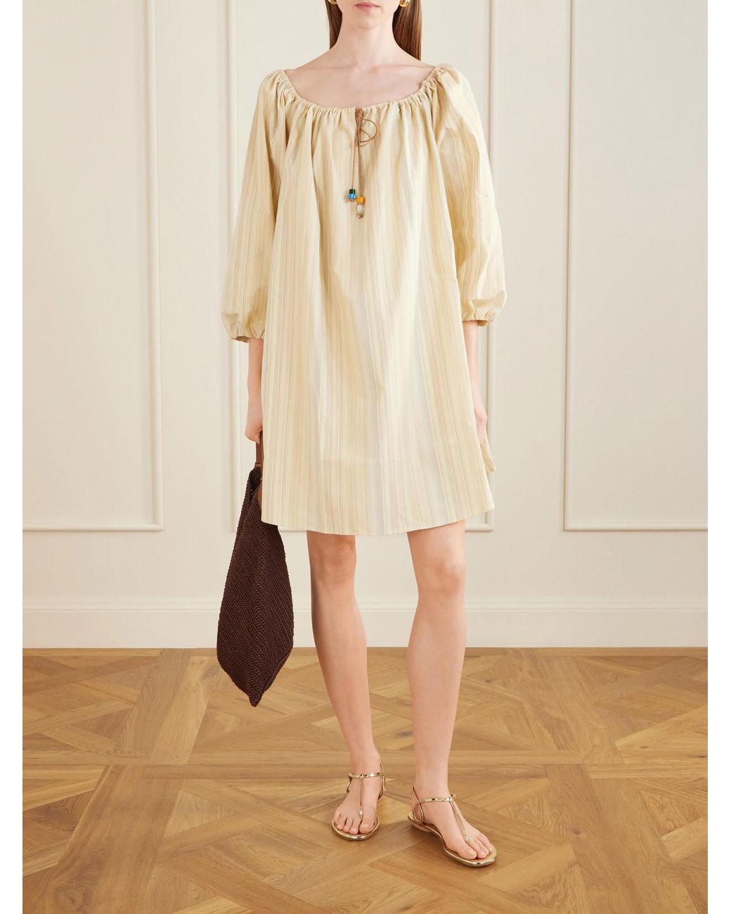 BERNADETTE Natural Bonnie Striped Cotton Mini Dress