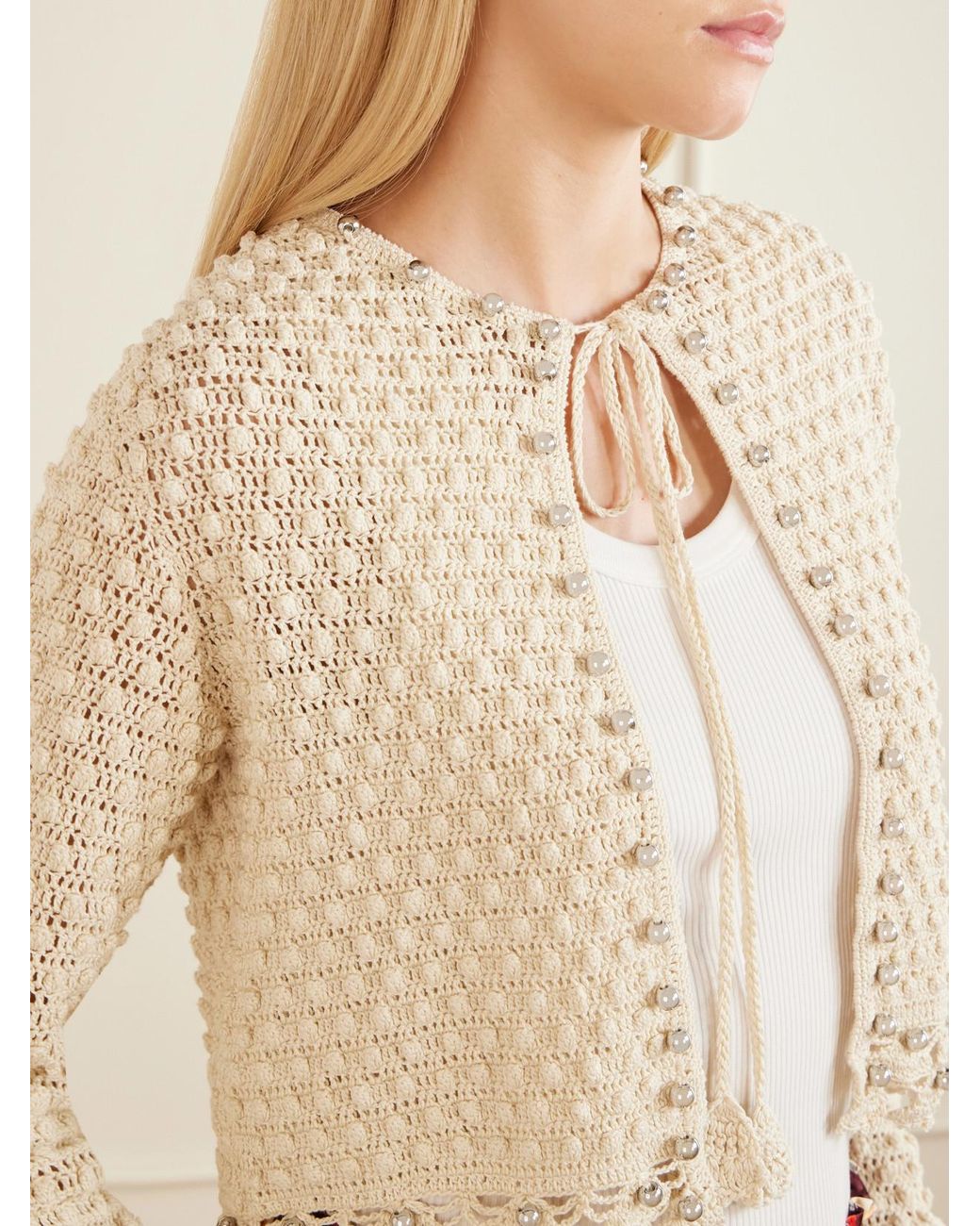 Rabanne Natural Embellished Crocheted Cotton Cardigan