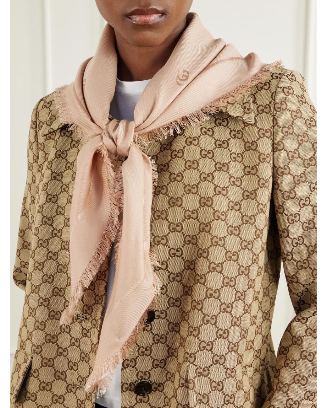Gucci Natural Fringed Silk And Wool-Blend Scarf