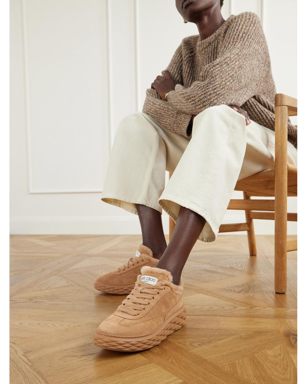 Jimmy Choo Brown Diamond Maxi Retro Shearling-Trimmed Suede Sneakers