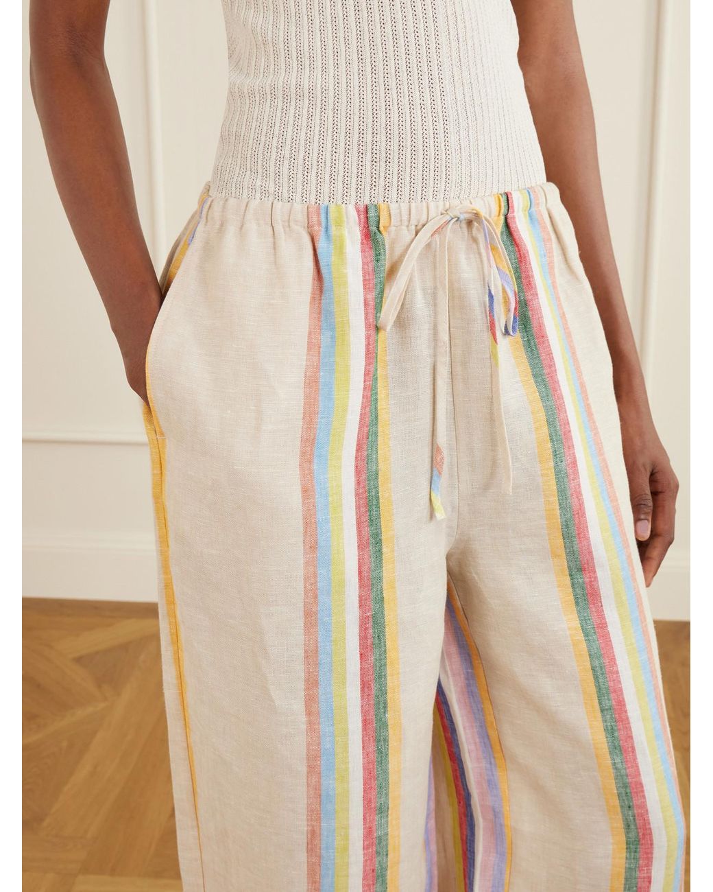 Staud Natural Mateo Striped Linen Wide-Leg Pants