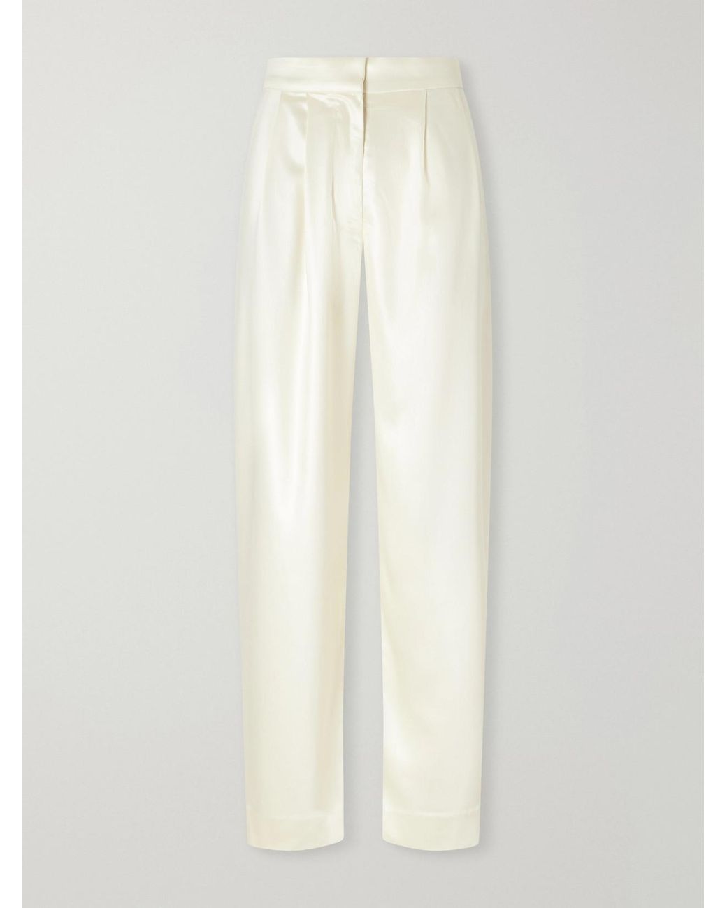 Abadia White Pleated Satin High-Waist Barrel-Leg Pants