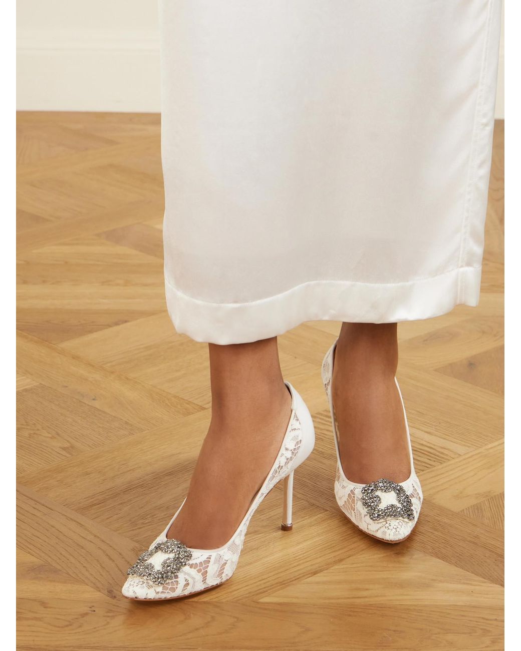 Manolo Blahnik Gray Hangisi 90 Crystal-Embellished Corded Lace Pumps