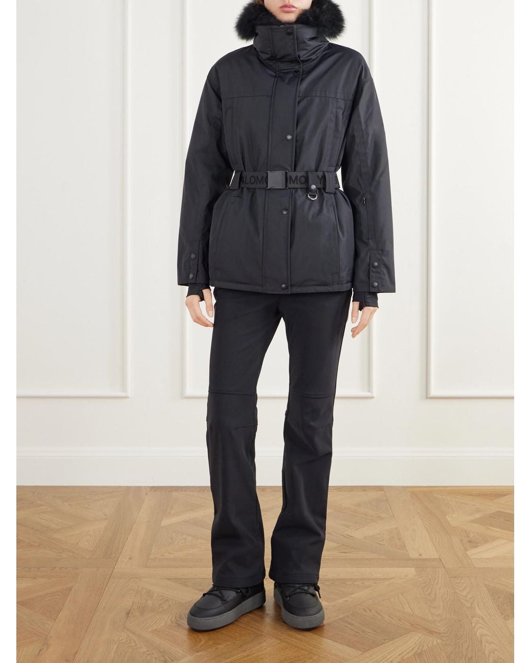 Yves Salomon Blue Belted Hooded Shearling-Trimmed Shell Ski Jacket