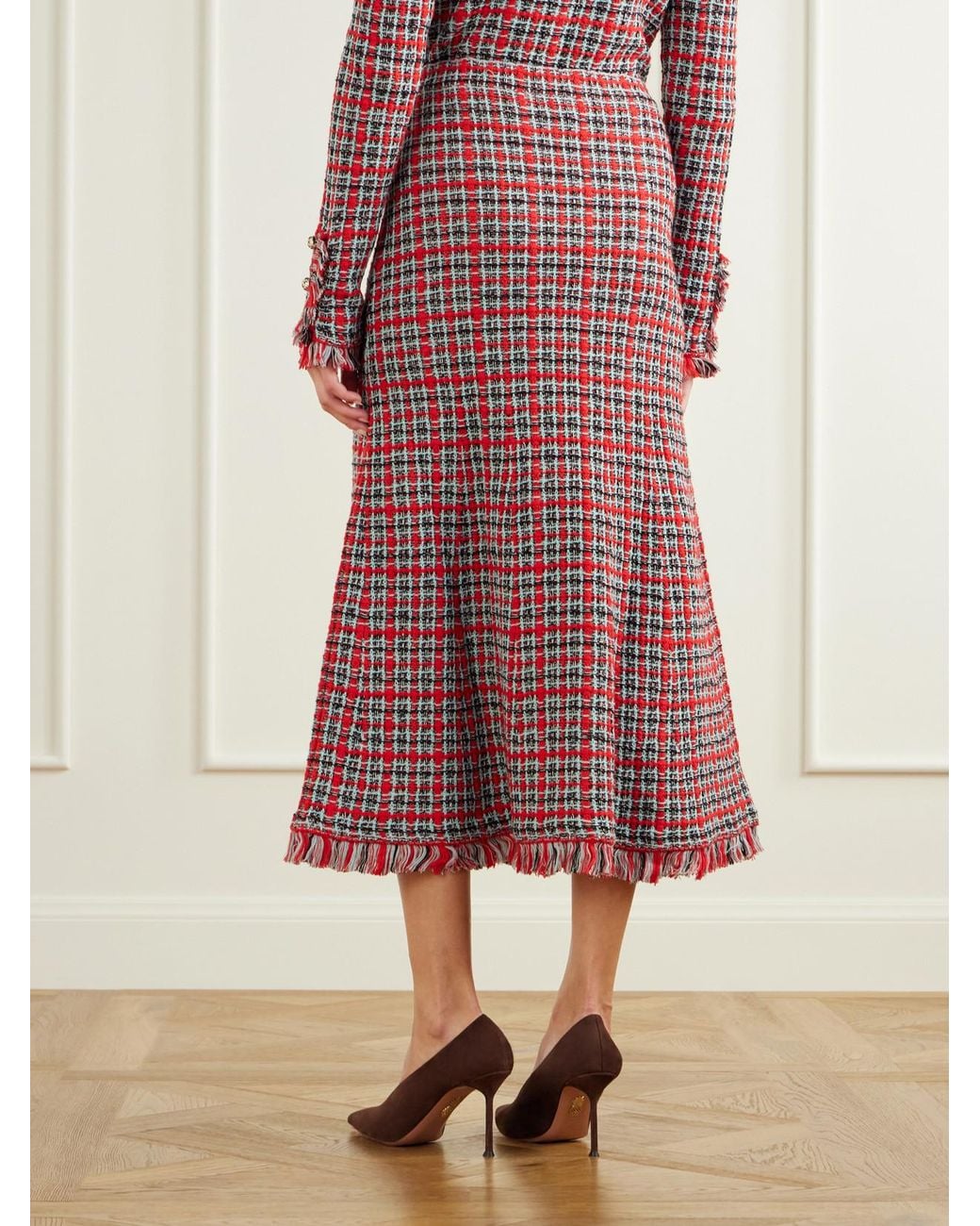 Self-Portrait Red Frayed Wool And Cotton-Blend Tweed Midi Skirt