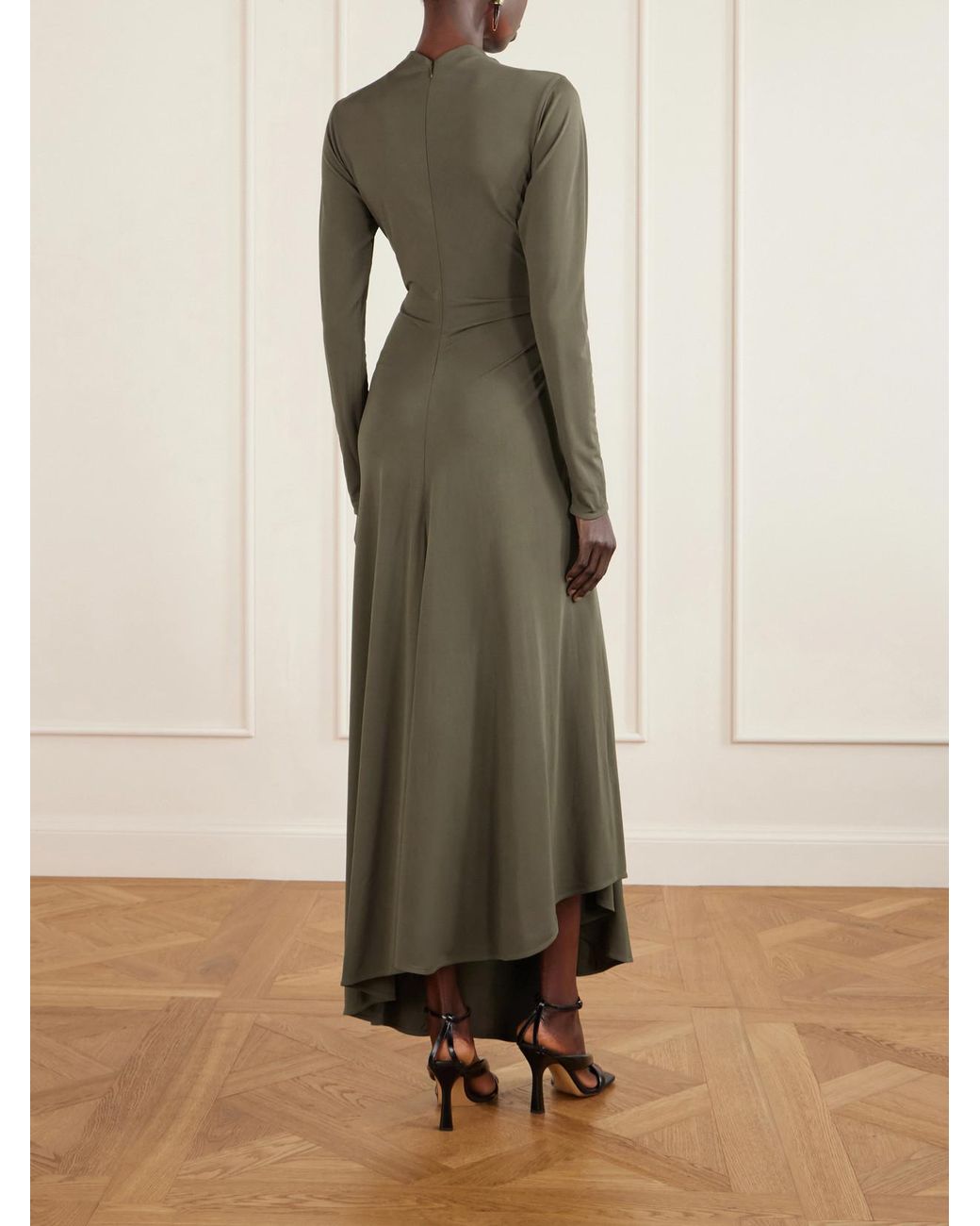 Bottega Veneta Green Asymmetric Embellished Gathered Jersey Maxi Dress