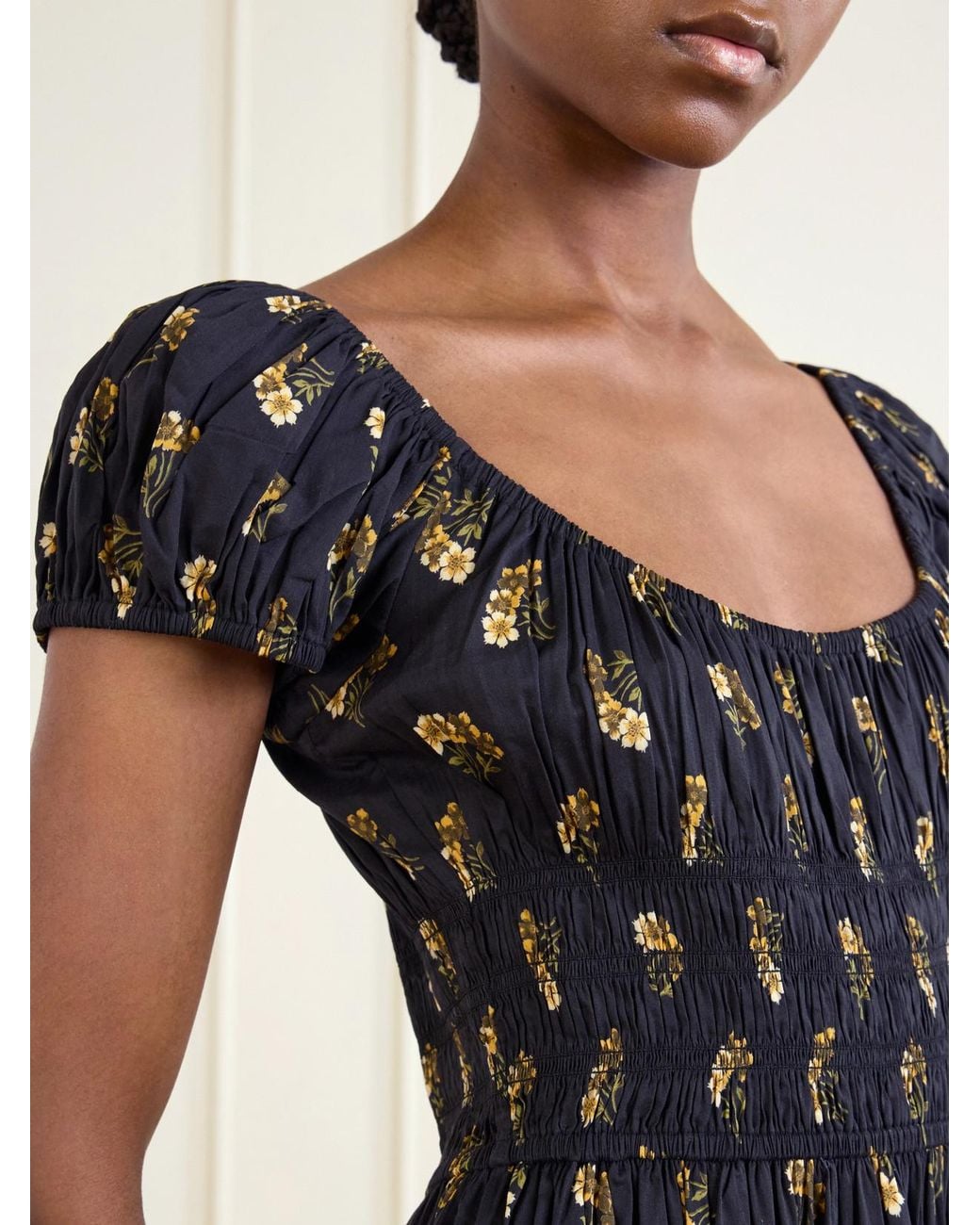 Doen Black Quinley Shirred Floral-Print Cotton-Blend Poplin Midi Dress