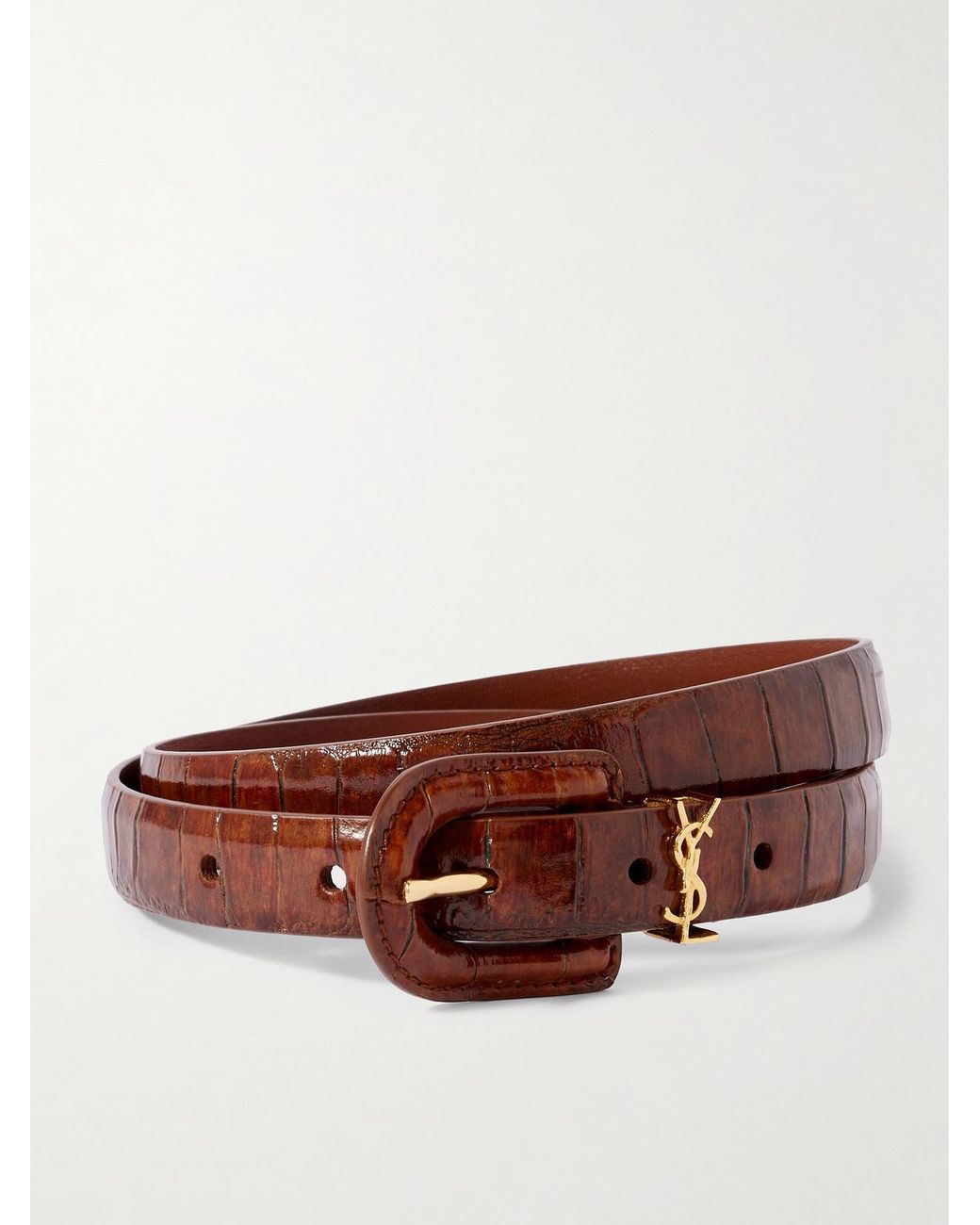 Saint Laurent Brown Cassandre Embellished Croc-Effect Leather Belt