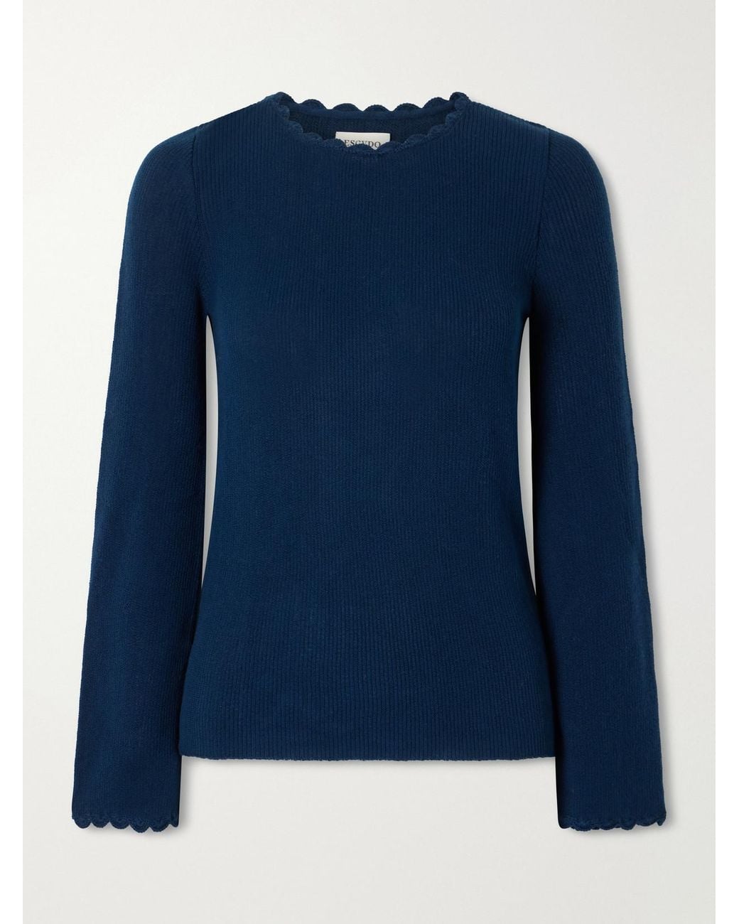 Escvdo Blue Bernabe Scalloped Ribbed Cotton Sweater