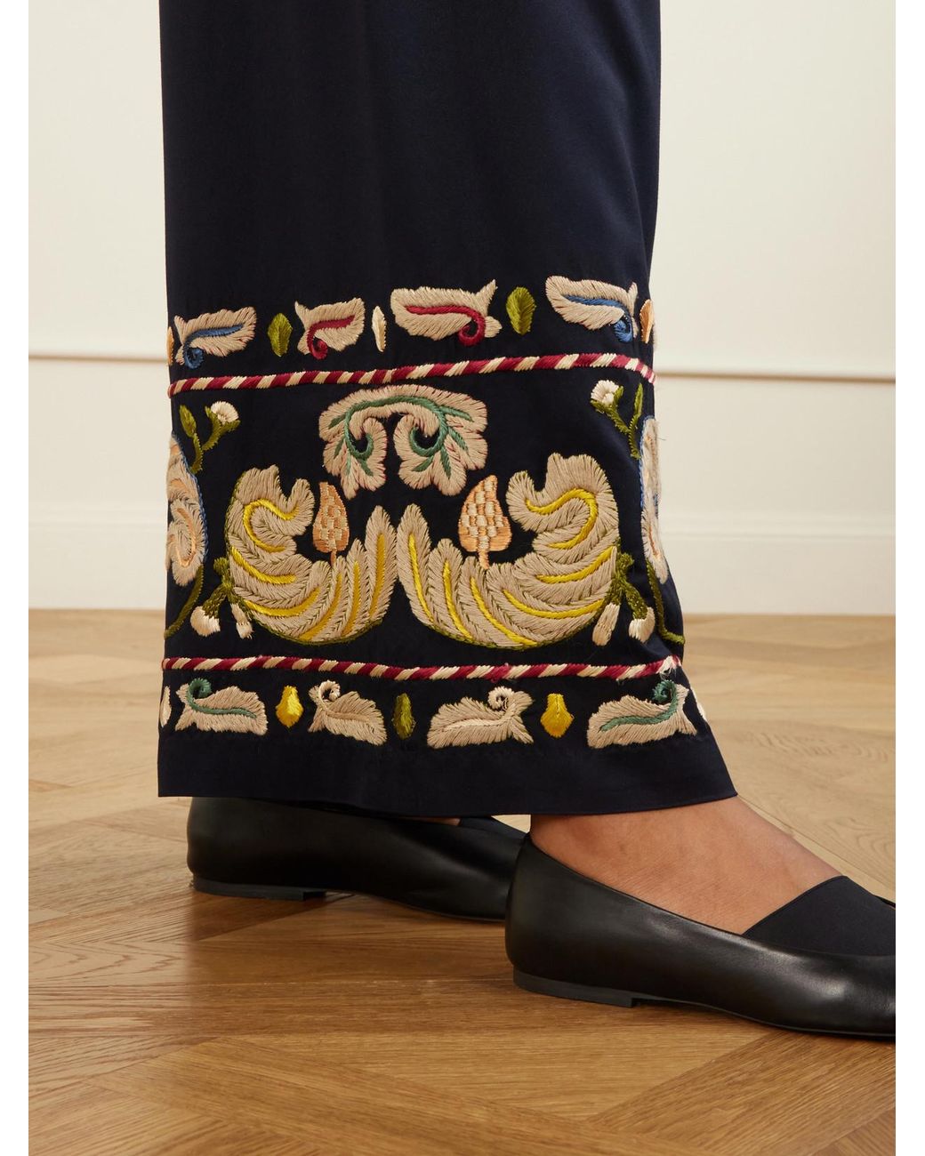 Bode Blue Feather Runner Embroidered Cotton-Blend Flared Pants