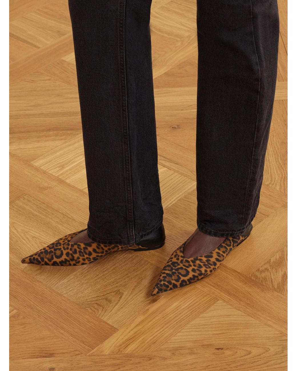 Saint Laurent White Nour Leather-Trimmed Leopard-Print Grosgrain Flats